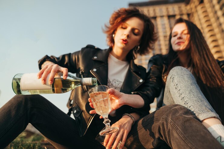 Photo closeup photo of a girl pours wine from a bottle into a glass on the street