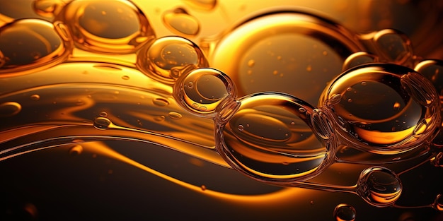 Closeup photo of gleaming golden oil bubbles floating serenely on a dark liquids surface captured with high detail