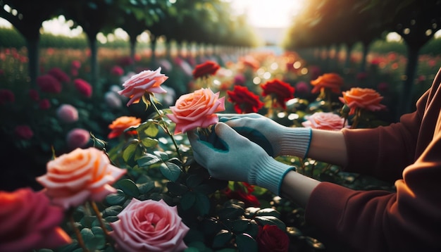 鮮やかなバラの茂みを慎重に剪定する手袋をはめた手のクローズアップ写真