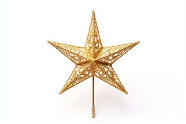 A closeup photo of a golden Christmas star tree topper on a white background middle view isolated