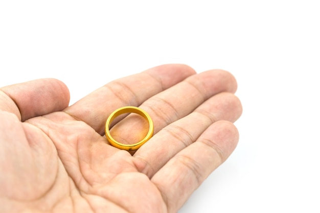 Closeup photo of  golden wedding ring on hands isolated on white background