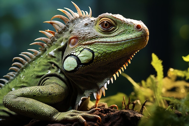 Closeup photo of green iguana closeup head on wood in forest