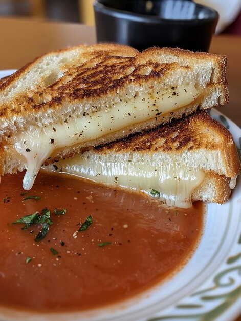 A closeup photo of a grilled cheese sandwich cut in half revealing melted cheese and a bowl of tomato soup on a white plate