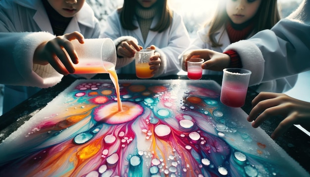 Foto foto da vicino di un gruppo di bambini che incarnano lo spirito dei giovani scienziati mentre versano colori