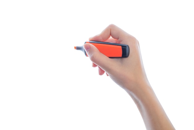 Closeup photo of hand holding marker on isolated white background