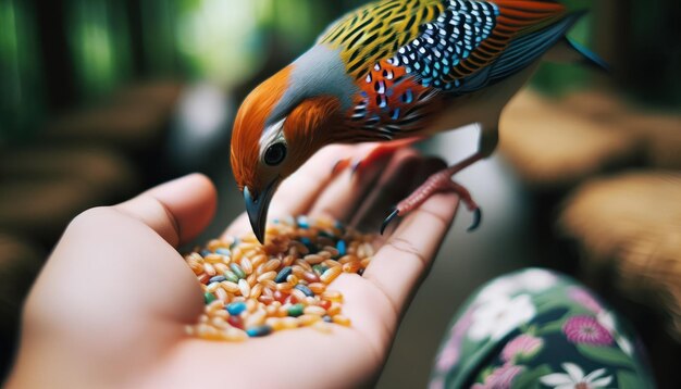 Closeup photo of a hand outstretched with grains being gently pecked by a vibrant bird