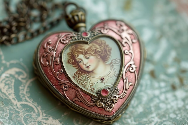 A closeup photo of a heart shaped lock with a womans picture inside capturing the sentimentality of the object Embellished heartshaped locket in a vintage Valentineas scene AI Generated