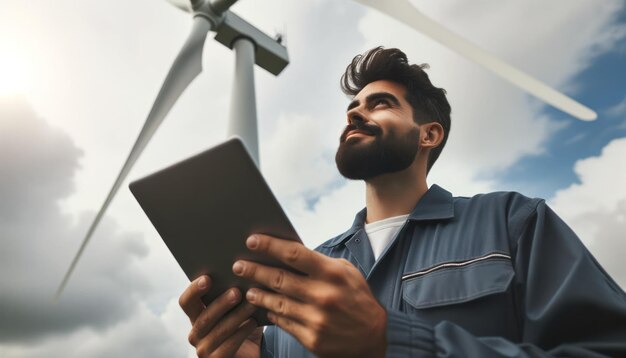 손에 태블릿을 들고 거대한 풍력 터빈의 상태를 평가하는 히스패닉 기술자의 클로즈업 사진