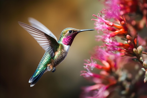 ピンクの花の近くのハチドリのクローズアップ写真