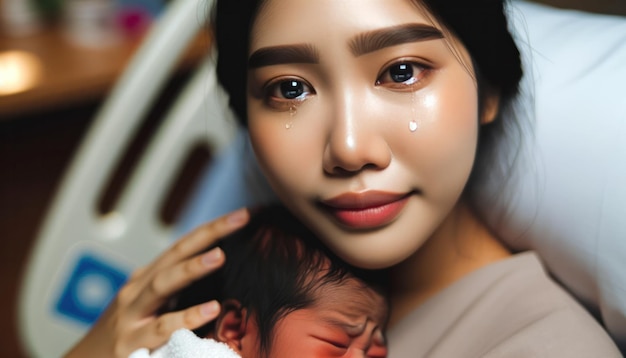 Closeup photo under indoor lighting of a new mother with a medium complexion in a hospital bed She tenderly holds her newborn baby