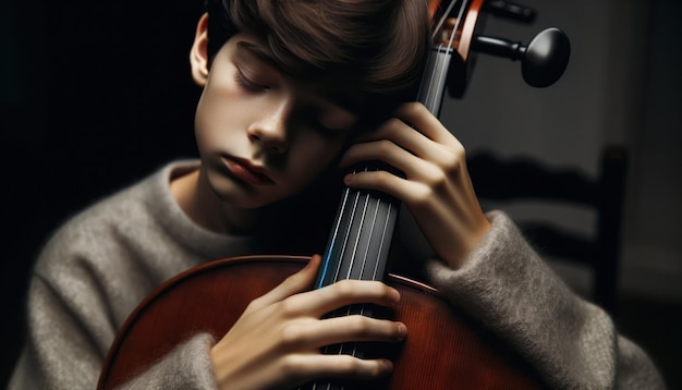 Closeup photo under indoor lighting of a solemn young boy with a medium complexion seated and embracing a cello