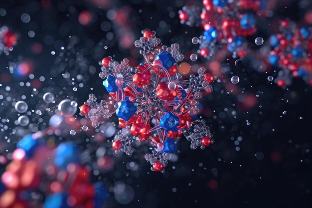 A closeup photo of a intricately designed snowflake featuring vibrant red white and blue decorations Nanoparticles selfassembling into a larger structure AI Generated