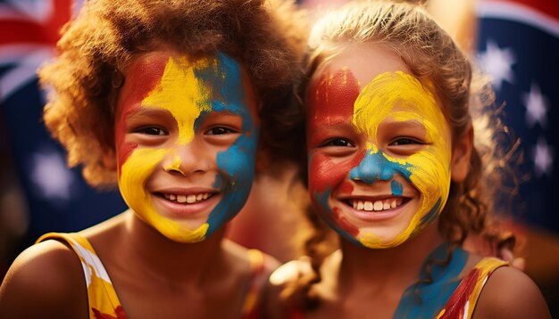 Closeup photo of kids smiling with their faces painted as the colour of austrailia flag