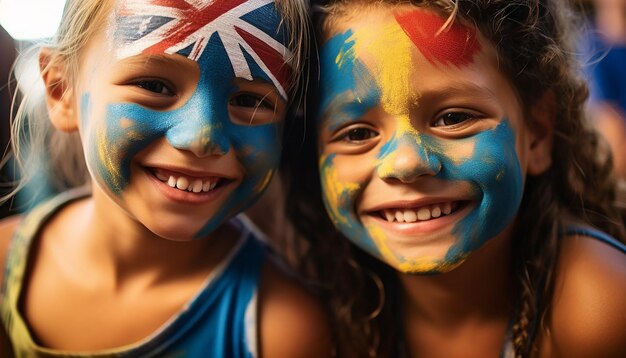 Closeup photo of kids smiling with their faces painted as the colour of austrailia flag