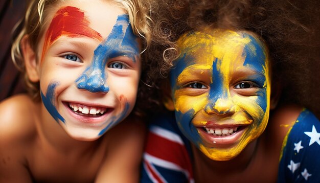 Closeup photo of kids smiling with their faces painted as the colour of austrailia flag