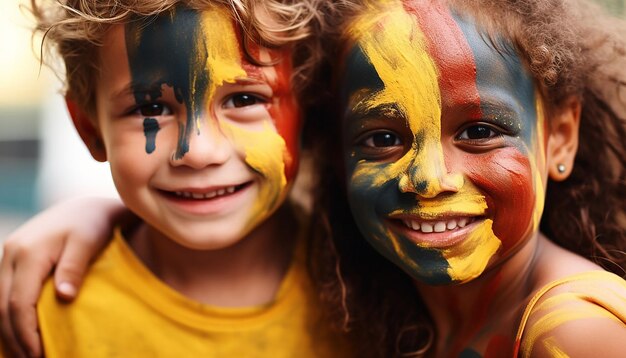 Closeup photo of kids smiling with their faces painted as the colour of austrailia flag