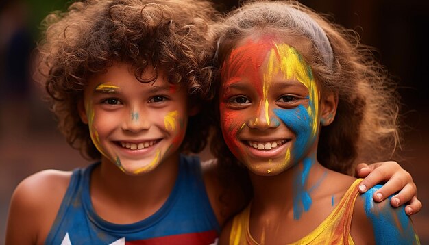 Closeup photo of kids smiling with their faces painted as the colour of austrailia flag