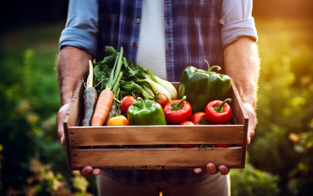 Closeup photo of man holding a basket with fresh vegetables Healthy and eco life Eat healthy food