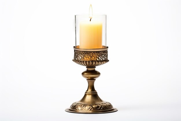 A closeup photo of a medieval candle holder with a lit candle on a white background middle view