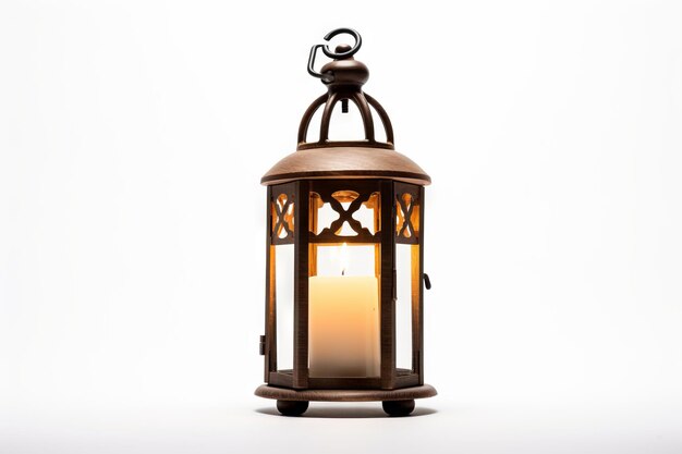 A closeup photo of a medieval style lantern with a lit candle inside on a white background middle