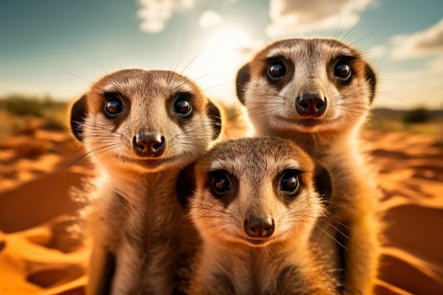 A closeup photo of a meerkat family huddled together playfully grooming and basking under the deser