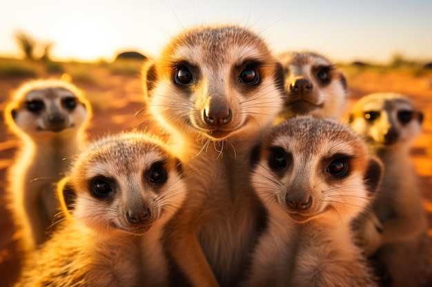 A closeup photo of a meerkat family huddled together playfully grooming and basking under the deser