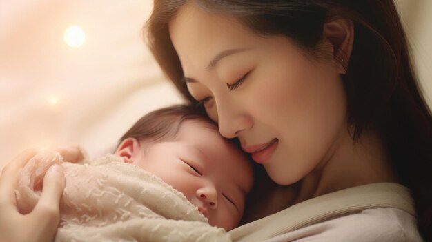 Closeup photo a mother lovingly embracing her newborn child