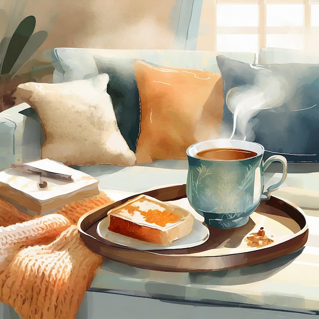 커피 테이블 위에 있는 컵과 담요와 접힌 스웨터의 클로즈업 사진