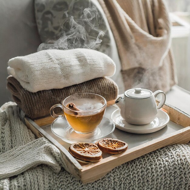 Closeup photo of a mug on coffee table with blanket and folded sweater Winter weather