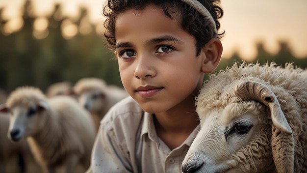 Foto foto in primo piano un ragazzo musulmano con una pecora concetto di eid aladha