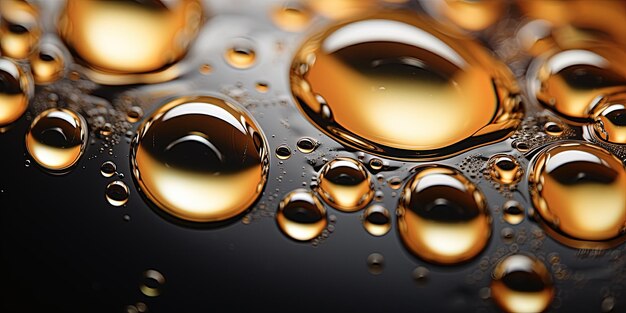 写真 濃い液体の表面に静かに浮かぶ輝く金色の油泡のクローズアップ写真細かく撮影されました