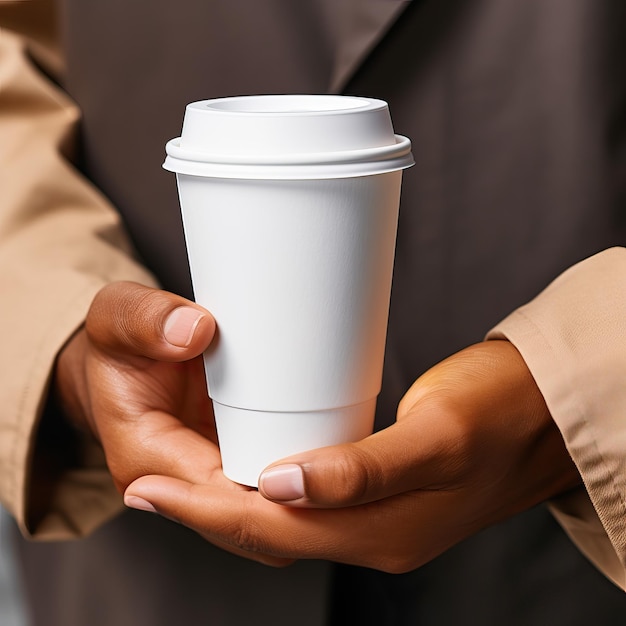 写真 コーヒーカップを握っている男の手のクローズアップ写真 coffeetogoプレミアムモックアップ