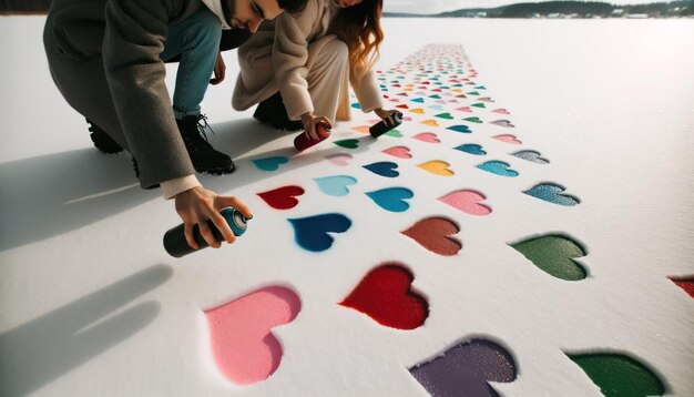 Foto foto in primo piano di una coppia di amanti immersi nella pittura a spruzzo di vibranti forme di cuore su un campo di neve incontaminato