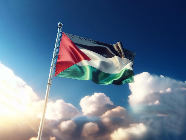 Closeup photo of the Palestinian flag waving in the sky