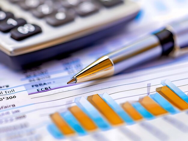 closeup photo of a pen on a financial report with a calculator in the background