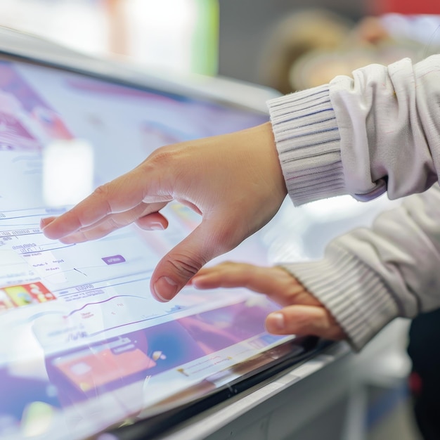 a closeup photo of a persons hands interacting with a touchscreen display demonstrating modern technology and interactive interface usage