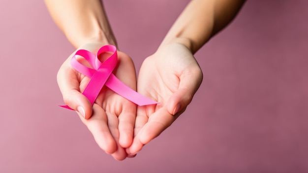 A closeup photo of a pink ribbon being held in the hands of a woman