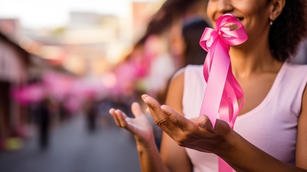 A closeup photo of a pink ribbon being held in the hands of a woman