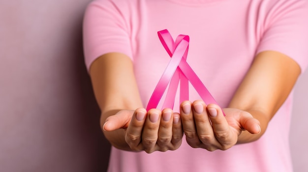 A closeup photo of a pink ribbon being held in the hands of a woman