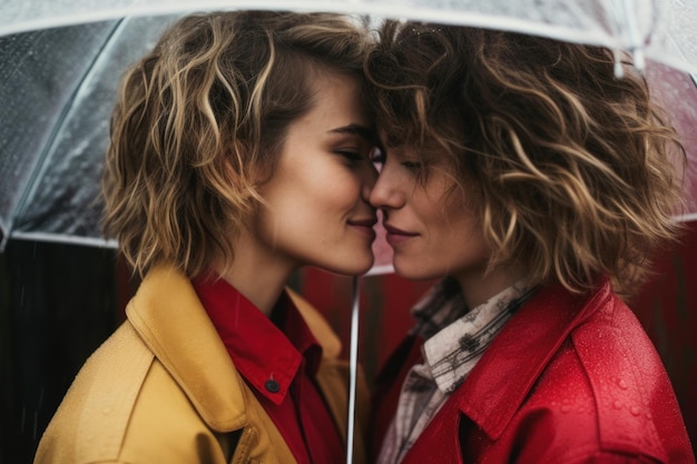 Photo closeup photo portrait of an affectionate lgbt couple walking in the rain under an umbrella setting a valentine39s day mood