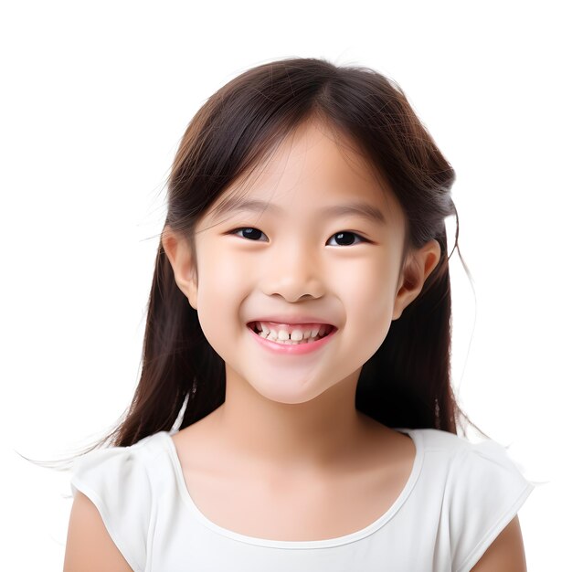 Photo a closeup photo portrait of a beautiful young asian model girl smiling with clean teeth used for a dental ad isolated on white background generative ai