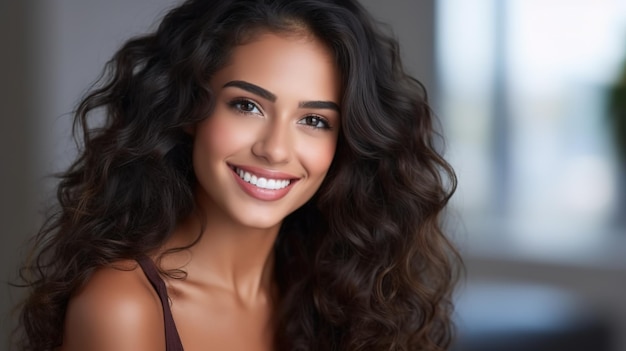 Closeup photo portrait of a beautiful young latin hispanic model woman smiling with clean teeth