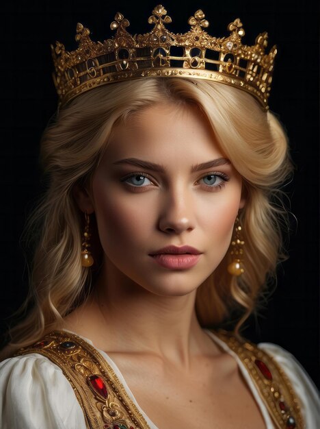 a closeup photo portrait of a beautiful young medieval european blonde queen with a gold crown