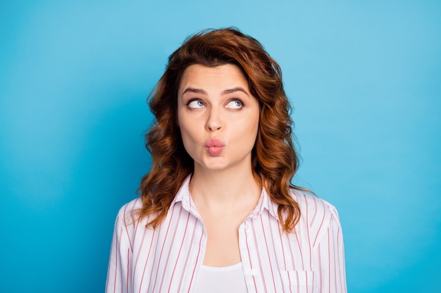 Closeup photo of pretty foxy lady cheerful person good mood look side empty space wondered sly eyes