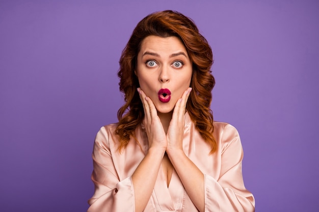 Closeup photo of pretty funny shocked lady open mouth arms cheeks