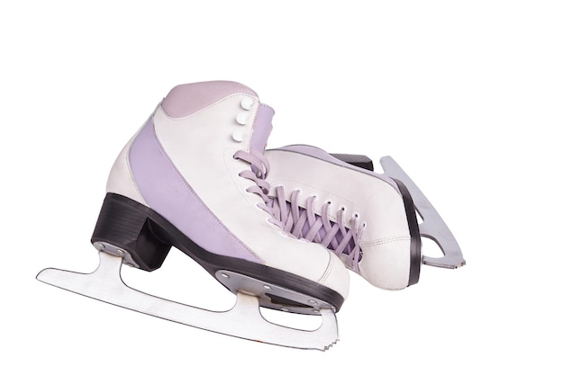 Photo closeup photo of a quality professional ice skates lying lacing to each other isolated on white the concept of sports recreation leisure