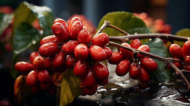Фотография крупным планом мокрых высококачественных кофейных зерен красного цвета с кучей фруктов на растении