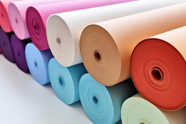 Closeup photo of rolls of multicolored gift wrapping paper on a white backdrop
