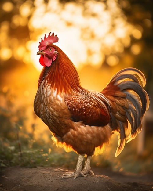 Closeup photo of a rooster in the early morning light