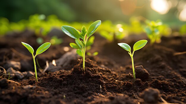 Closeup photo of seedlings at surface level represent new beginnings life force abundanceand